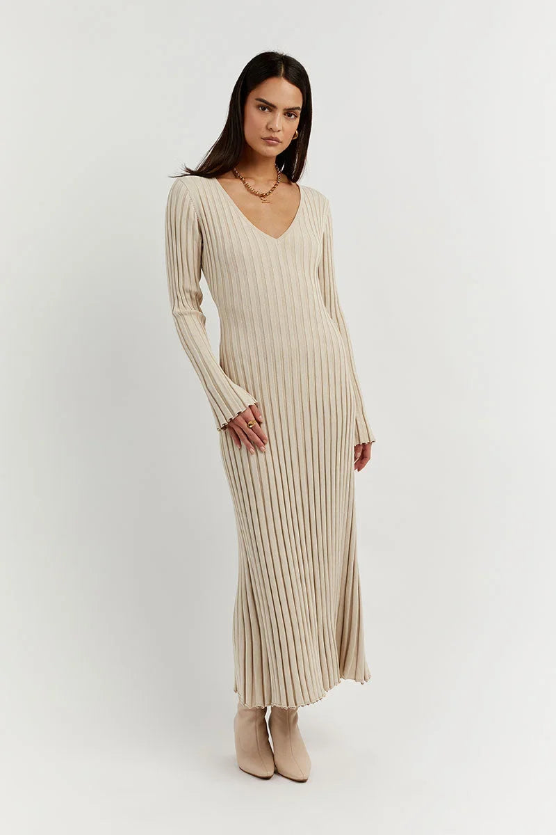 Ribbed Knit V-Neck Long Sleeve Bodycon Maxi Dress - View 2