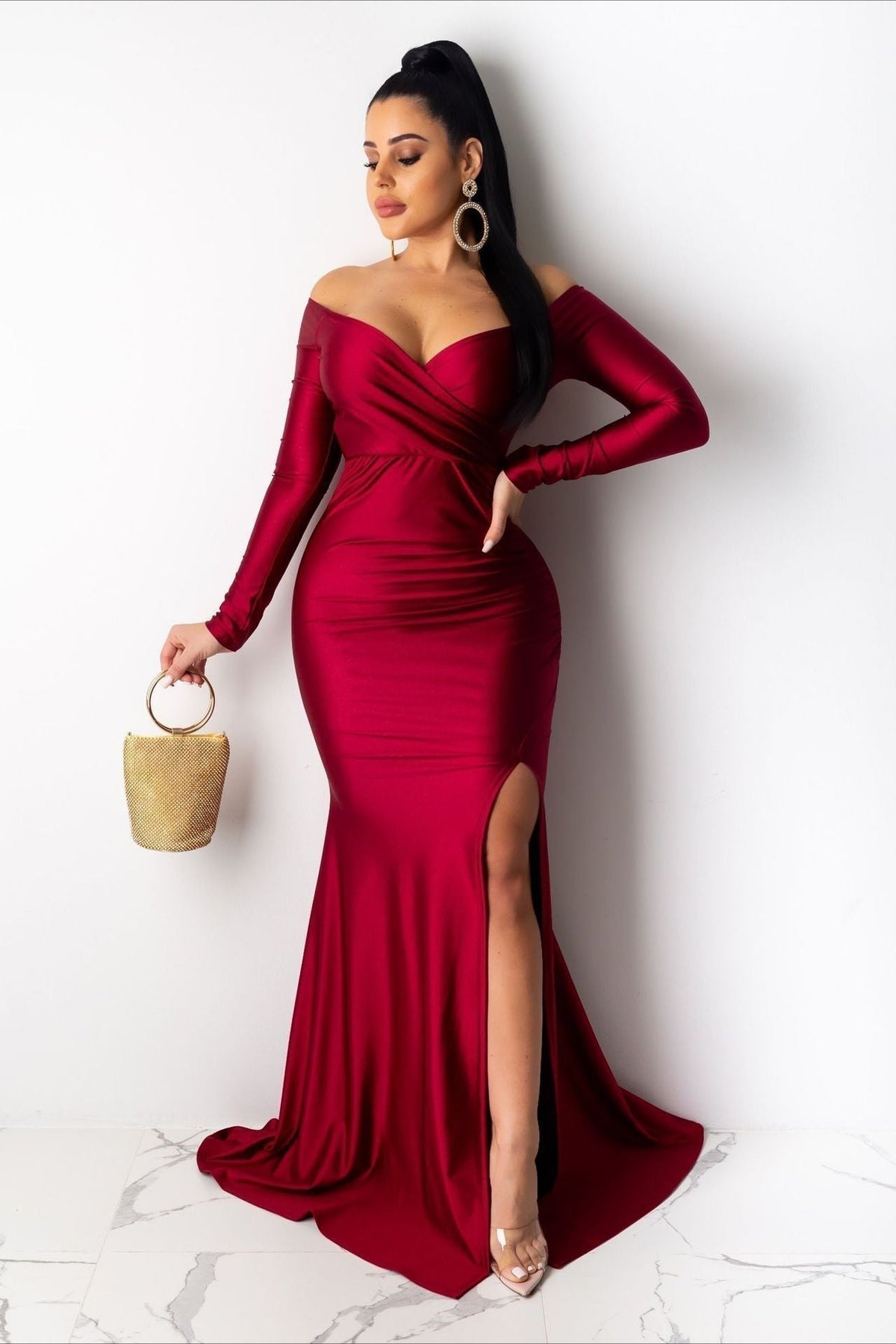 Satin Off Shoulder Long Sleeve High Split Mermaid Maxi Gown