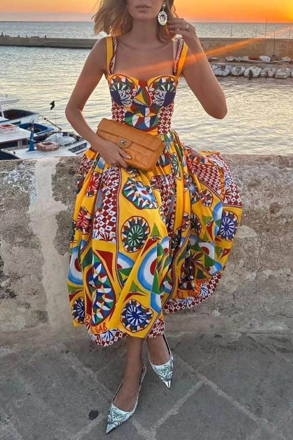 Unique Sunset Walk Ethnic Pattern Print Backless Midi Dress - Fashionpara