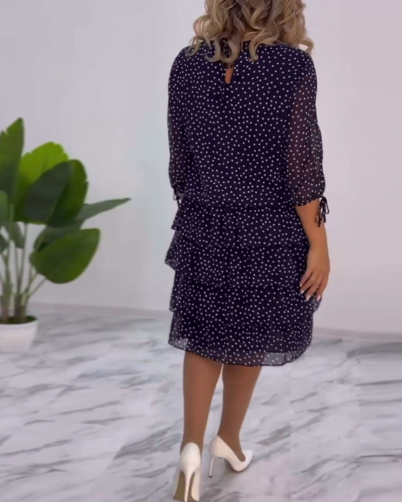 Polka Dot Chiffon Three Quarter Sleeve Tie Cuff Tiered Midi Dress - View 4