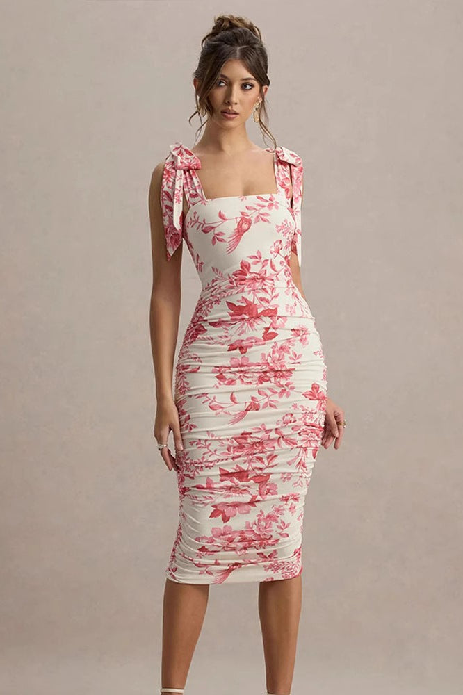 Floral Print Square Neck Tie Strap Ruched Bodycon Midi Dress