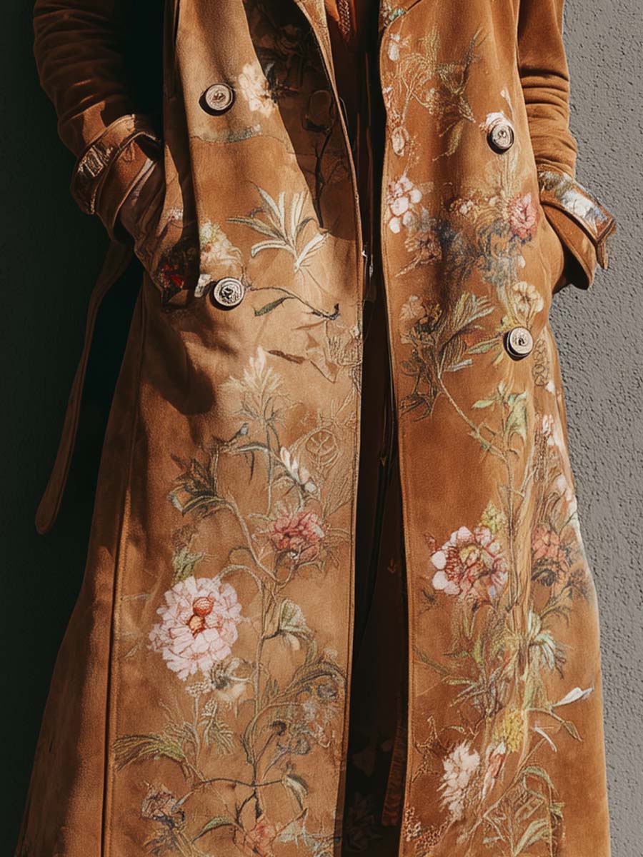 Printed Microfiber Suede Maxi Trench Coat - Fashionpara