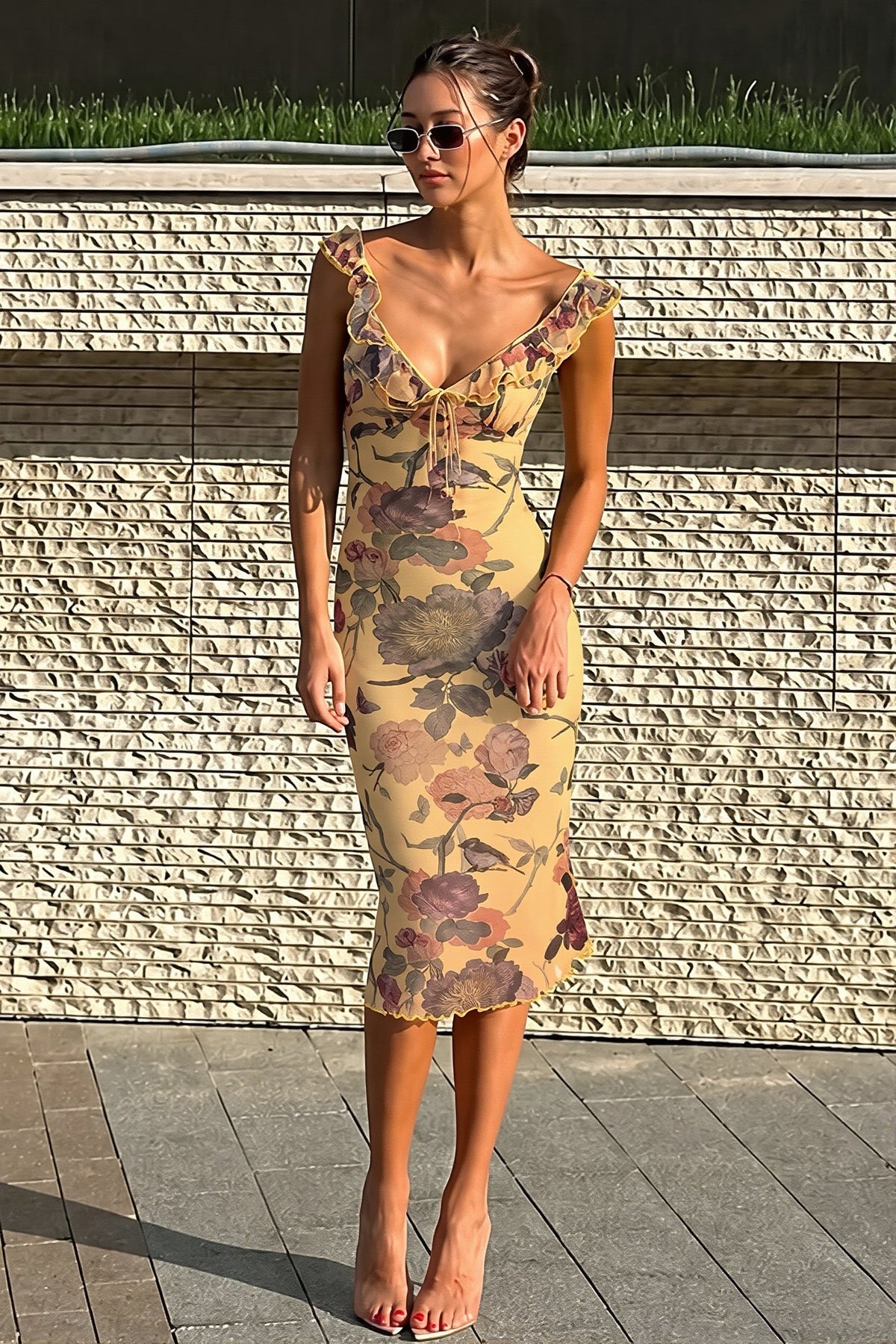 Floral Ruffle V-Neck Tie Front Slip Midi Dress