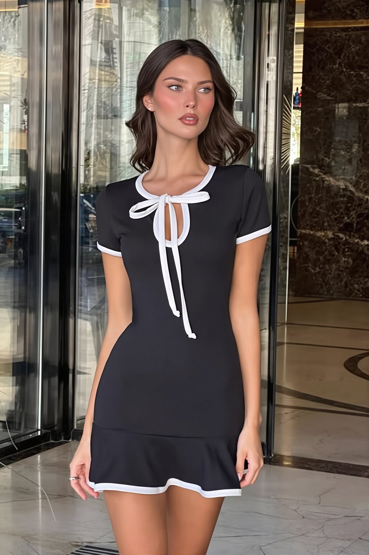 Bow Tie Short Sleeve Contrast Trim Flared Mini Dress