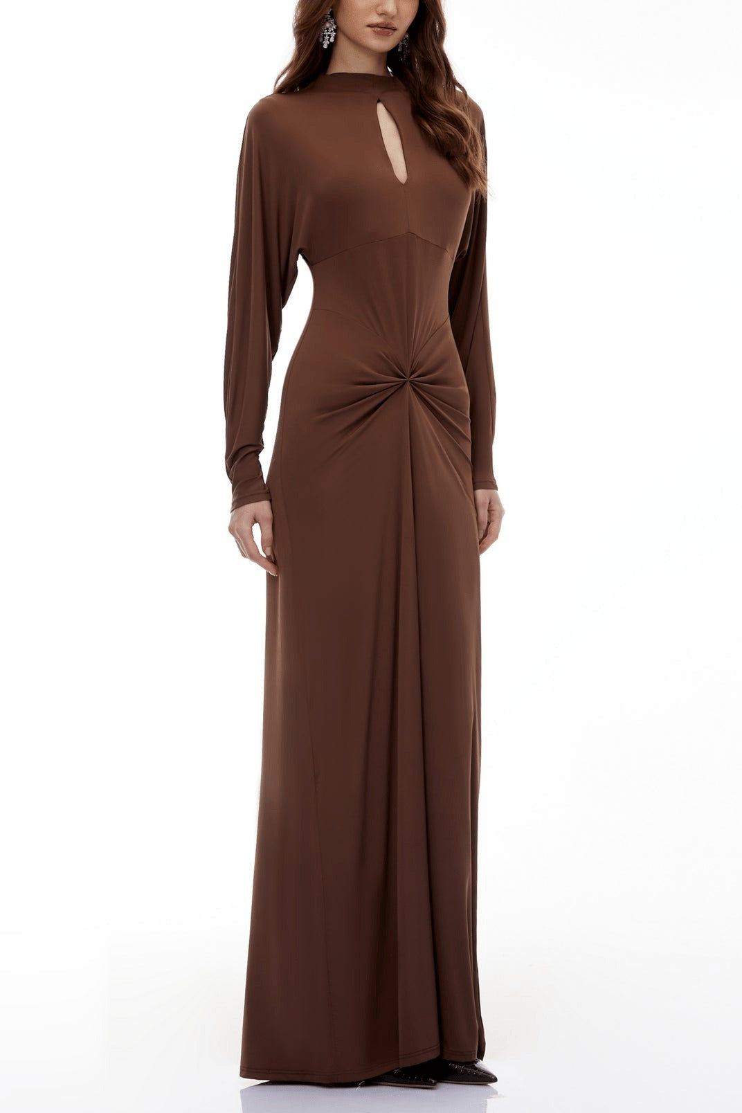 Mock-Neck Long Sleeve Keyhole Twist-Front Maxi Dress