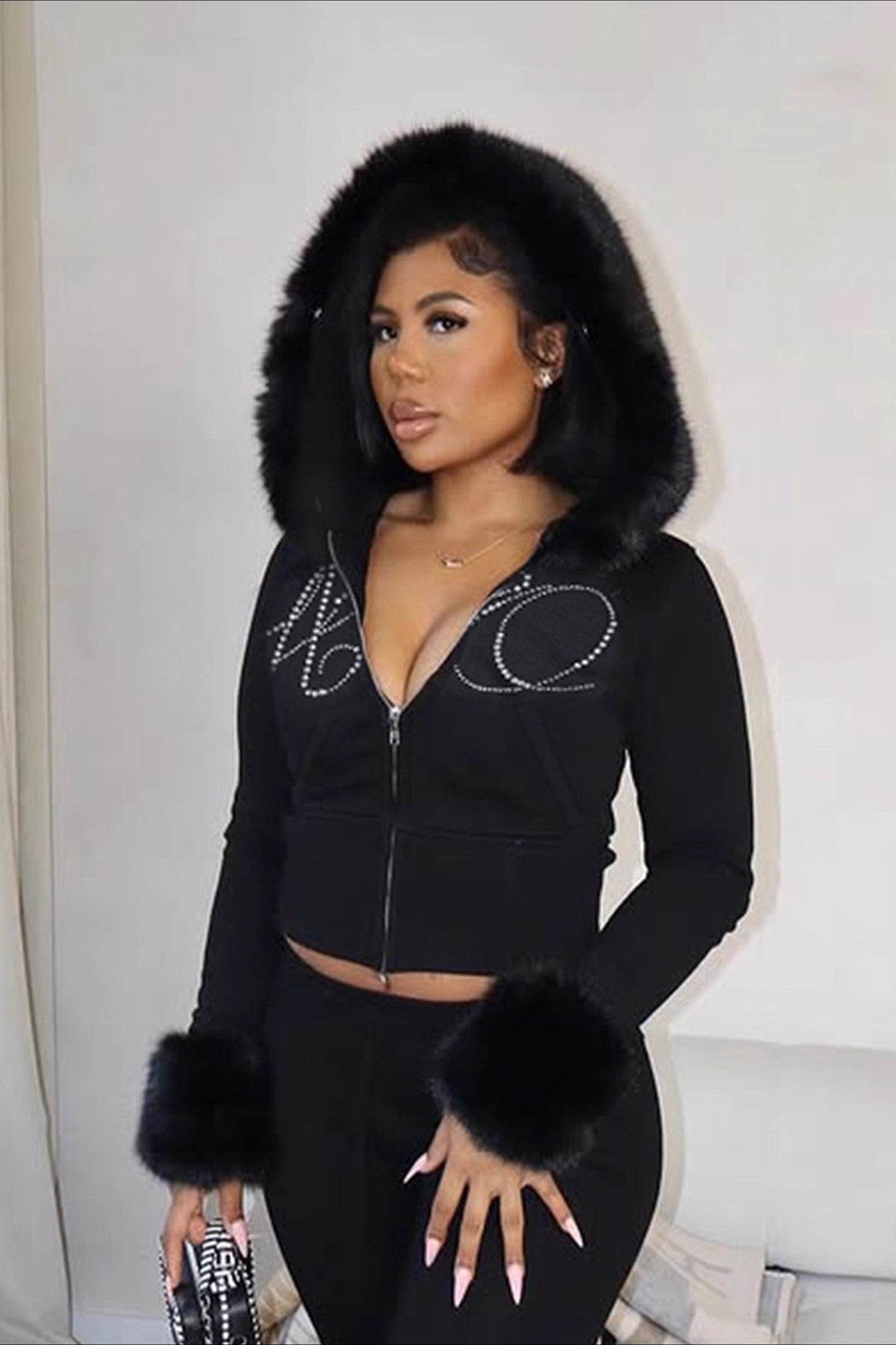 Rhinestone Letter Zip Hoodie