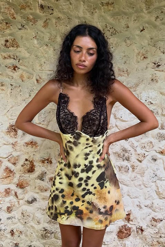 Lace Trim Deep V-Neck Animal Print Slip Mini Dress