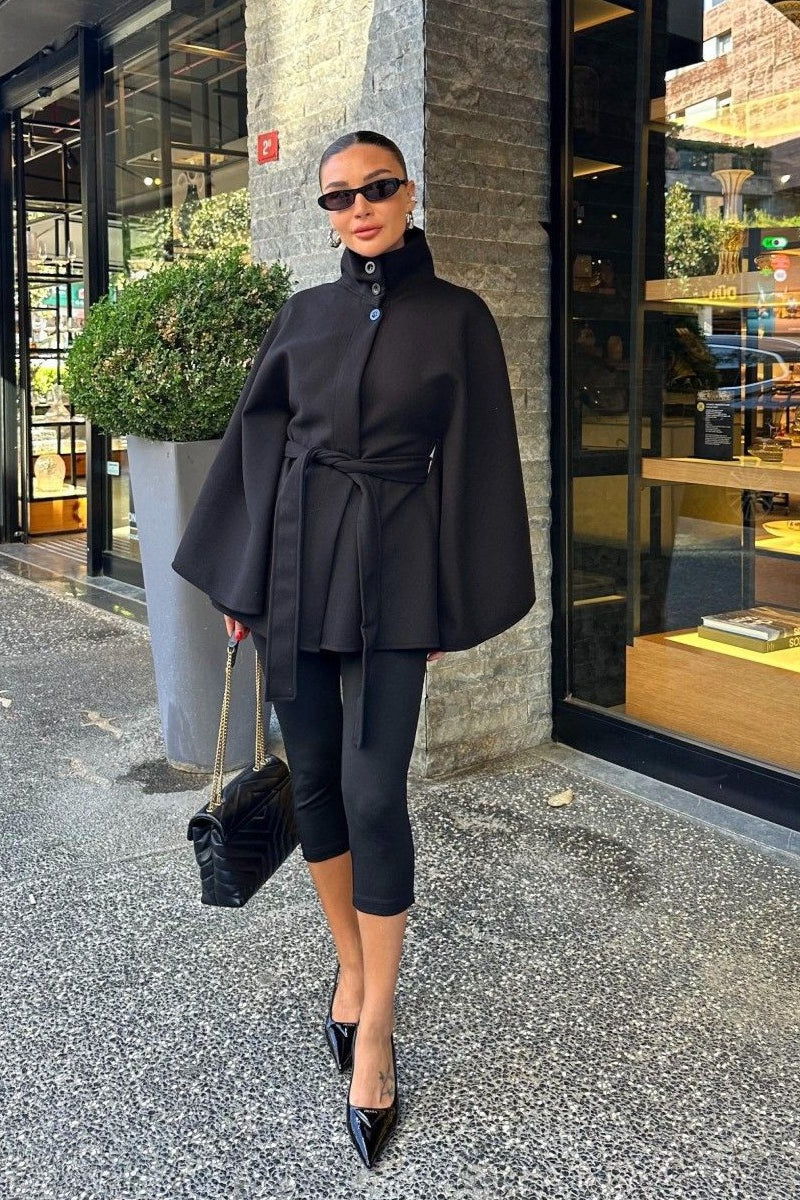 Belted High-Quality Stand Collar Coat for Elegant Style