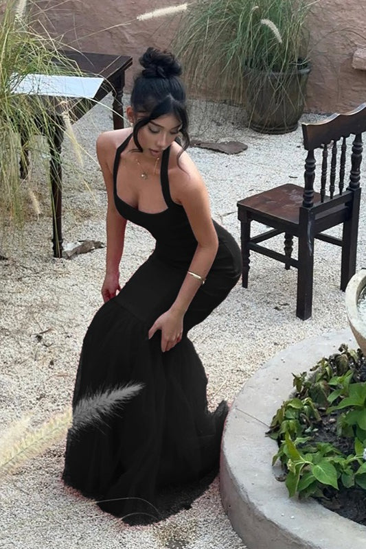 Backless Square-Neck Halter Tulle Mermaid Gown