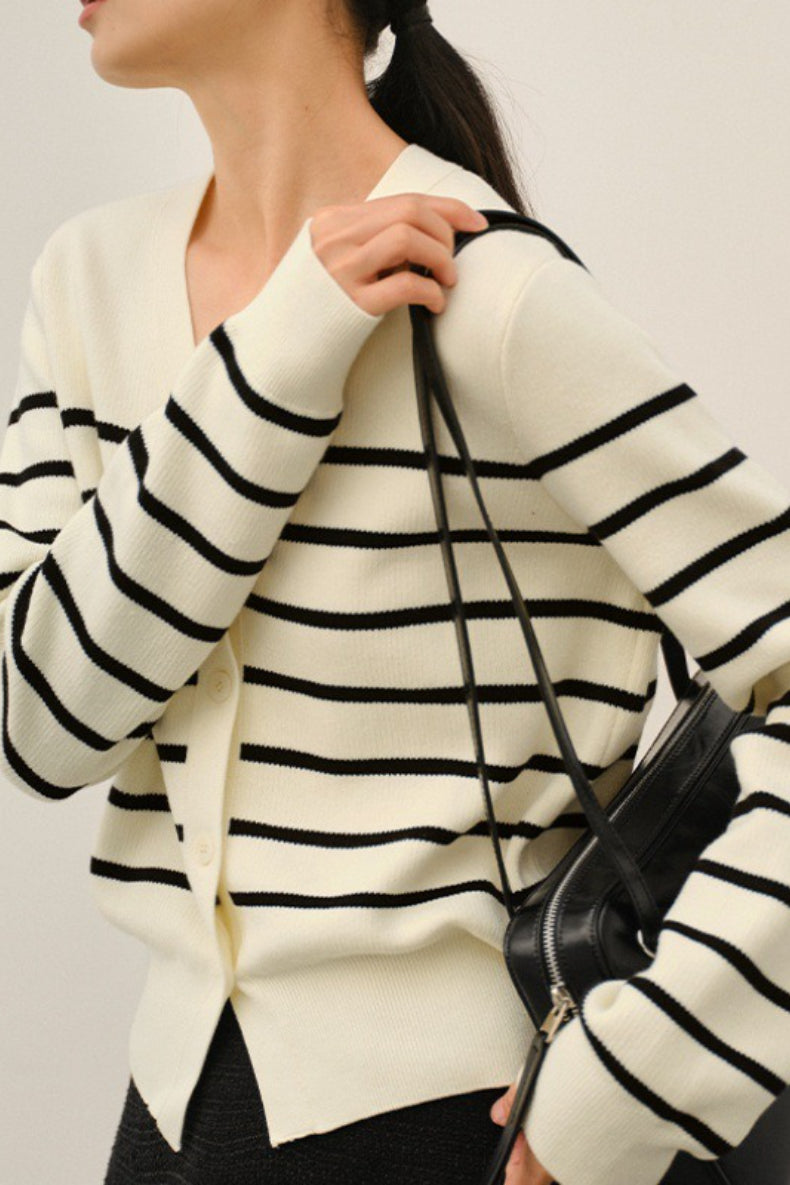 V Neck Stripe Knit Cardigan