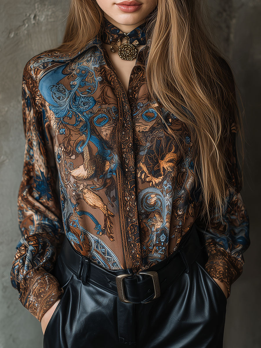 Vintage Baroque Print Brown & Blue Long Sleeve Blouse - Fashionpara