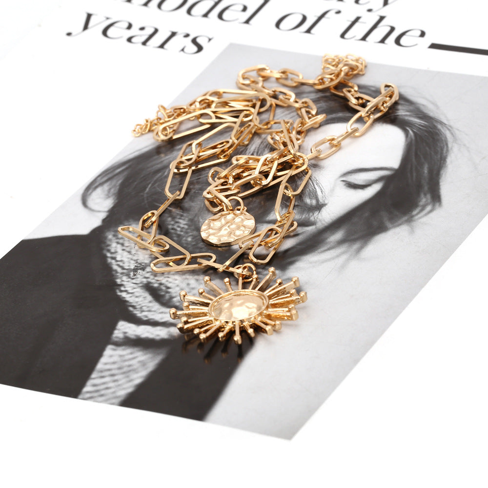 Vintage Stacked Metal Sun Pendant Necklace