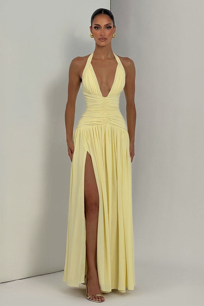 Halter Deep V-Neck Ruched High-Slit Maxi Dress