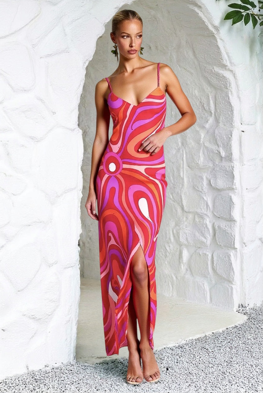 V-Neck Spaghetti Strap Swirl Print Satin Maxi Dress 4