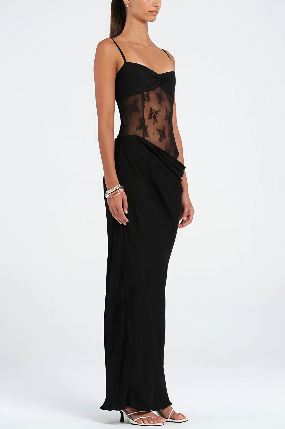 Lace Corset Sheer Bodice Draped Satin Maxi Dress