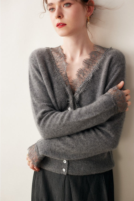 Luxe Cashmere V-Neck Cardigan with Elegant Lace Trim