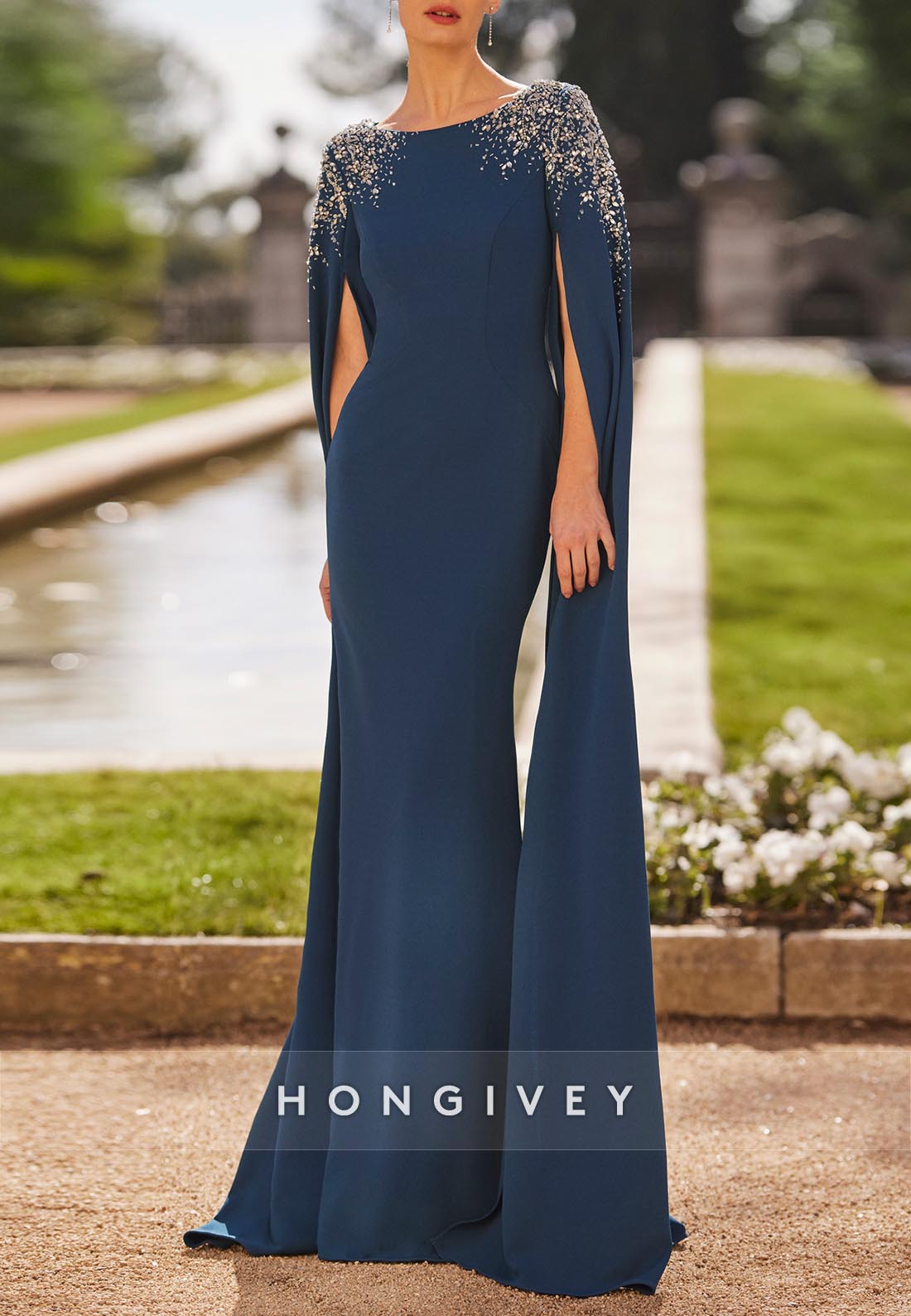 Sheath Floor-Length Mother of the Bride Watteau Train Satin Appliqued Evening Gown