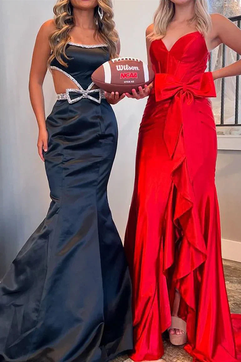 Lovely Pink Mermaid Lace Up Long Satin Prom Dress with Bowknot and Slit