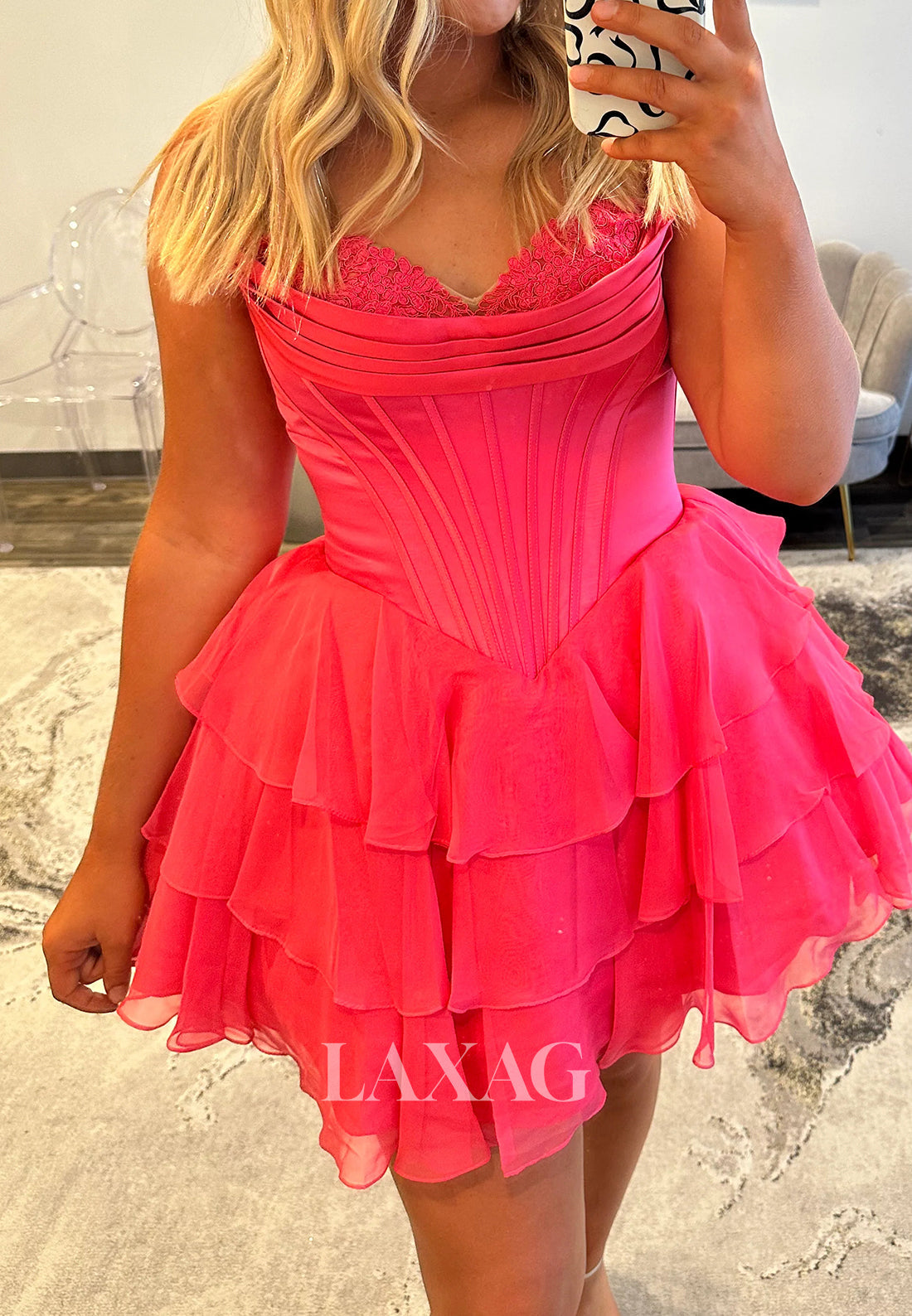 Sweetheart Off-Shoulder Applique Pleated Chiffon Tiered A-Line Party Homecoming Dress