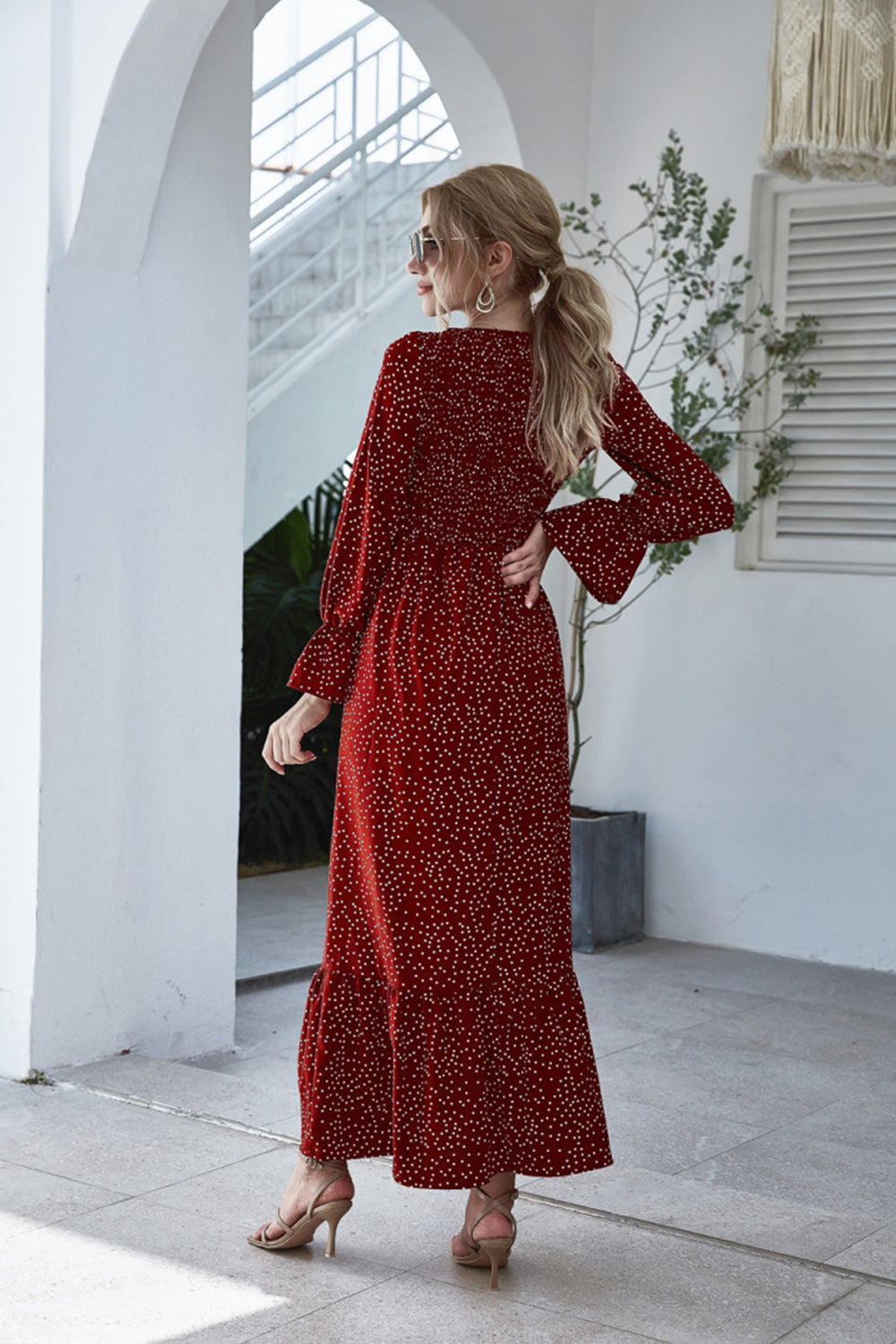 Printed Polka Dot Long Sleeve Dress - Fashionpara