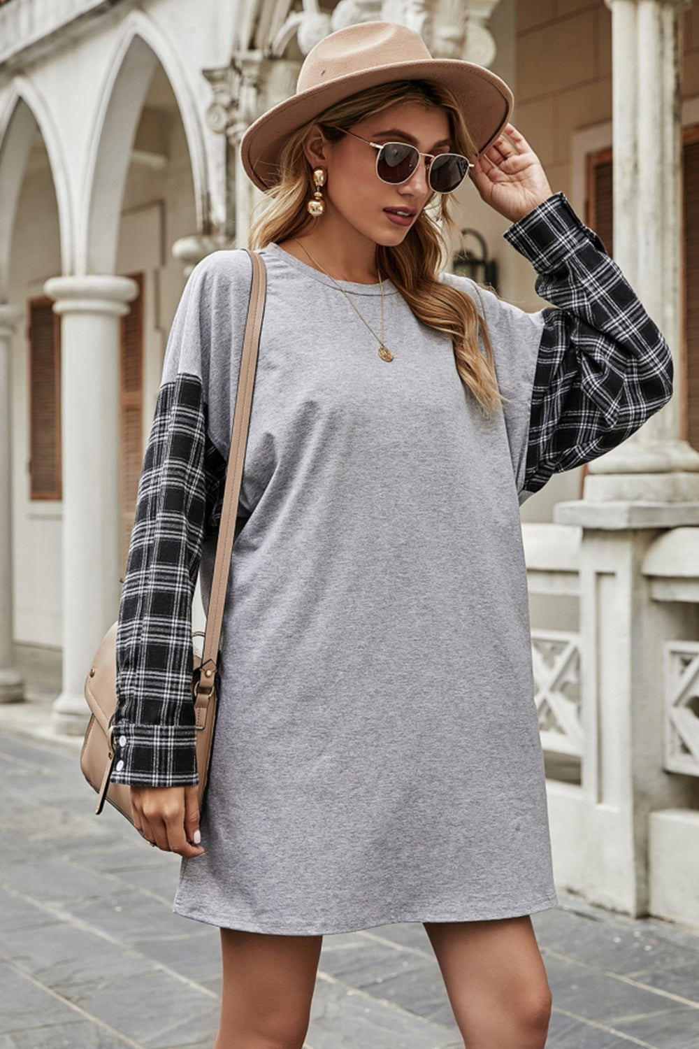 Round Neck Stitching Plaid Sweater Dress - Fashionpara