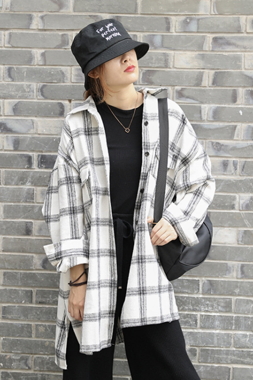 RadyRin Thick Brushed Plaid Flannel Lapel Cardigan Coat