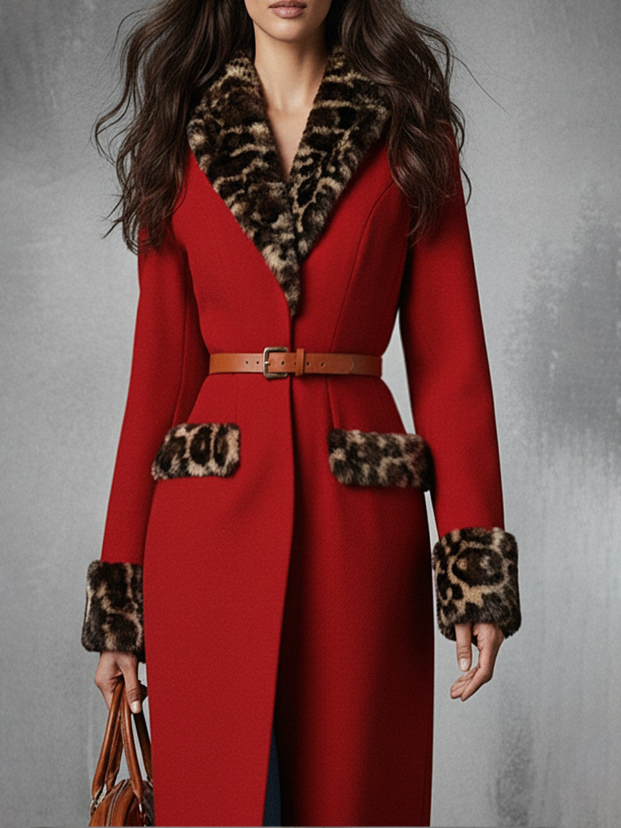Wild Elegance Scarlet Wool Coat With Leopard Trim