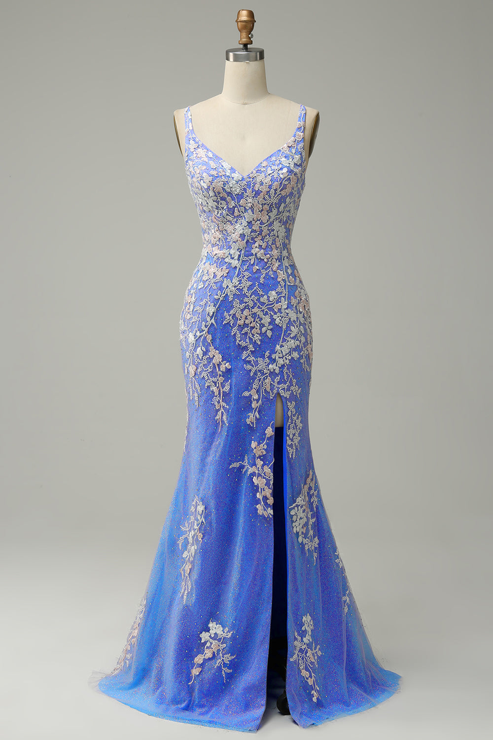Mermaid V Neck Light Purple Long Prom Dress with Appliques Beading