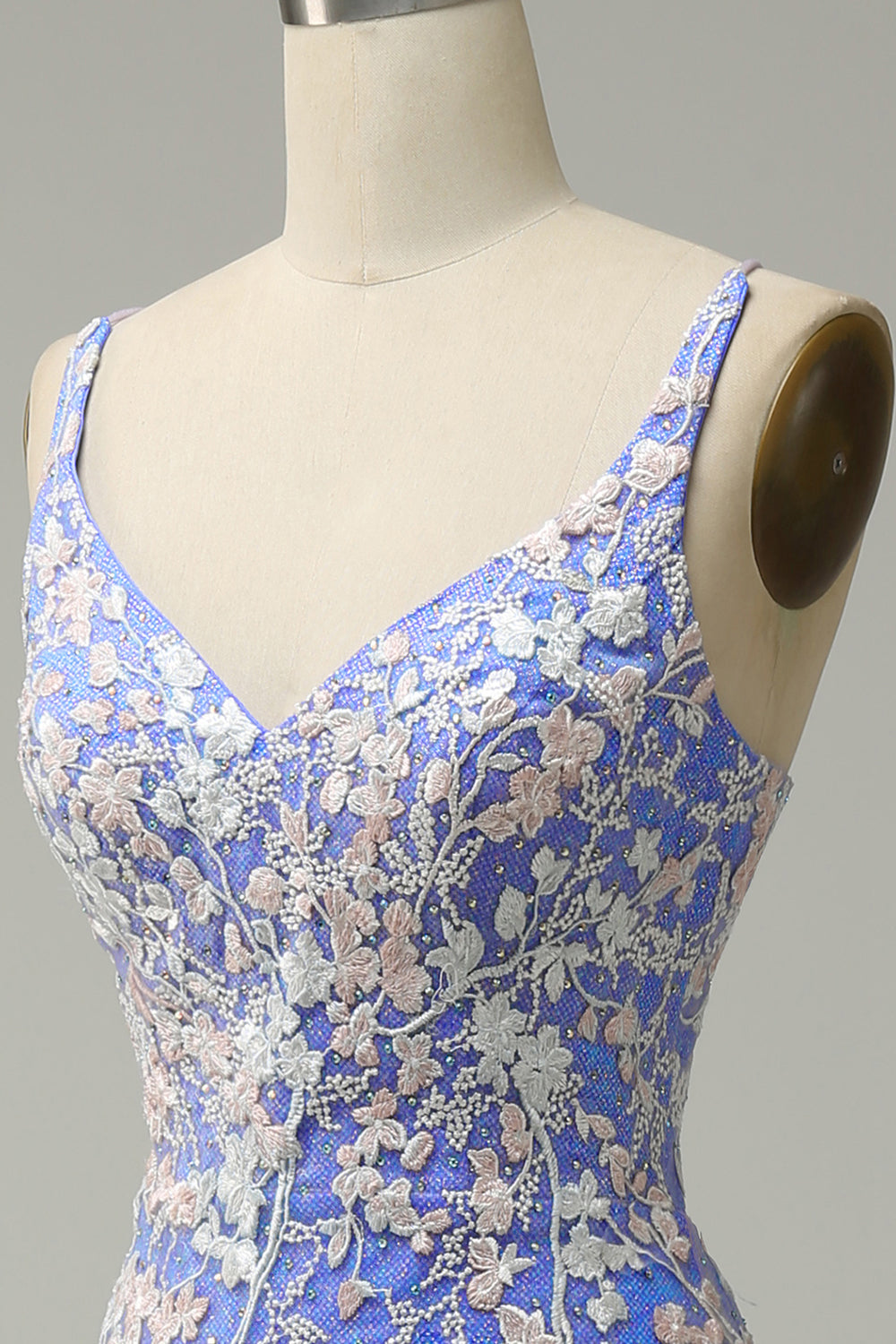 Mermaid V Neck Light Purple Long Prom Dress with Appliques Beading