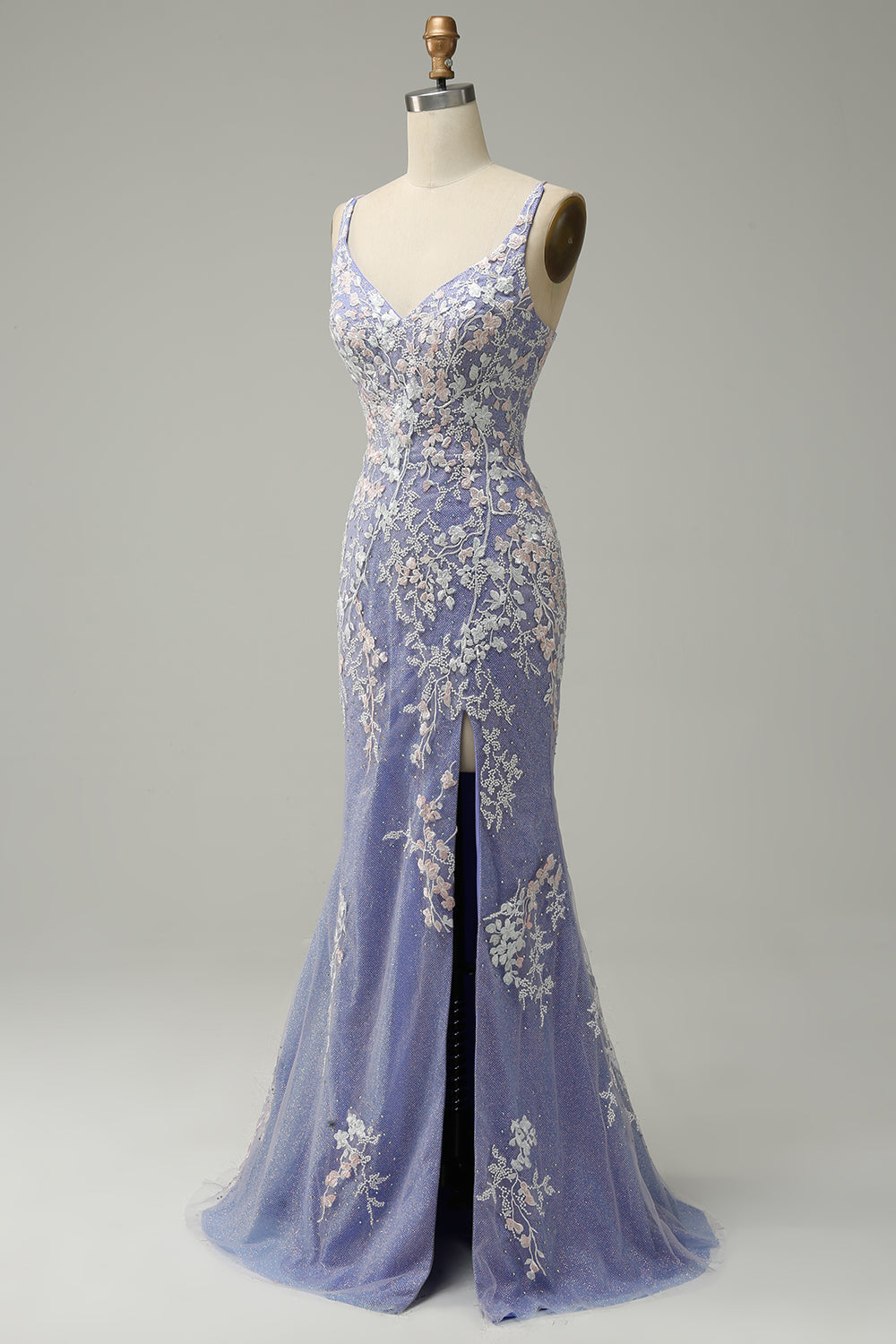 Mermaid V Neck Light Purple Long Prom Dress with Appliques Beading