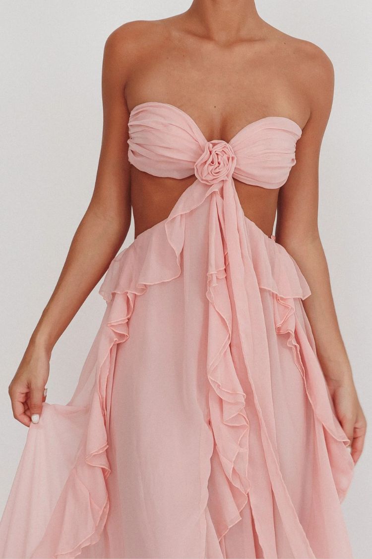 Gorgeous Vacation Halter Rose Detail Cut Out Ruffles Backless Maxi Dress - Fashionpara
