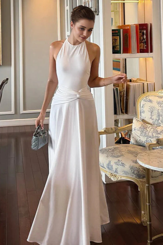 Solid Halter Neck Backless Ruched Maxi Dress