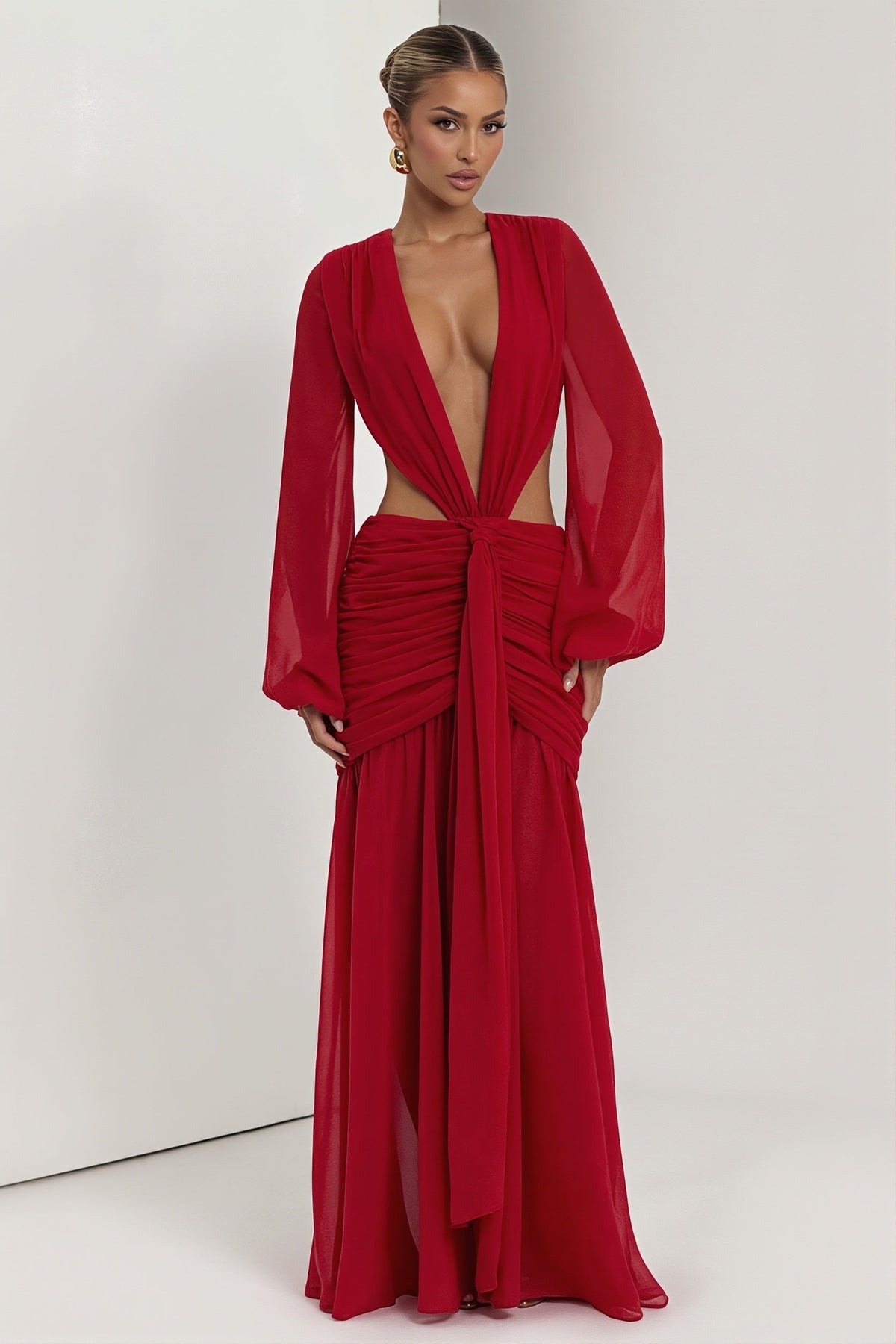 Chiffon Deep V-Neck Long Sleeve Cut Out Gown