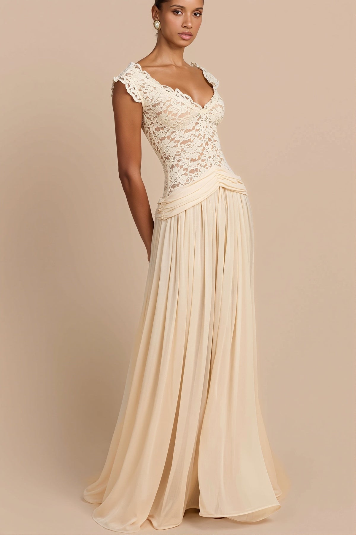 Lace Bodice Off Shoulder Chiffon Maxi Bridal Gown