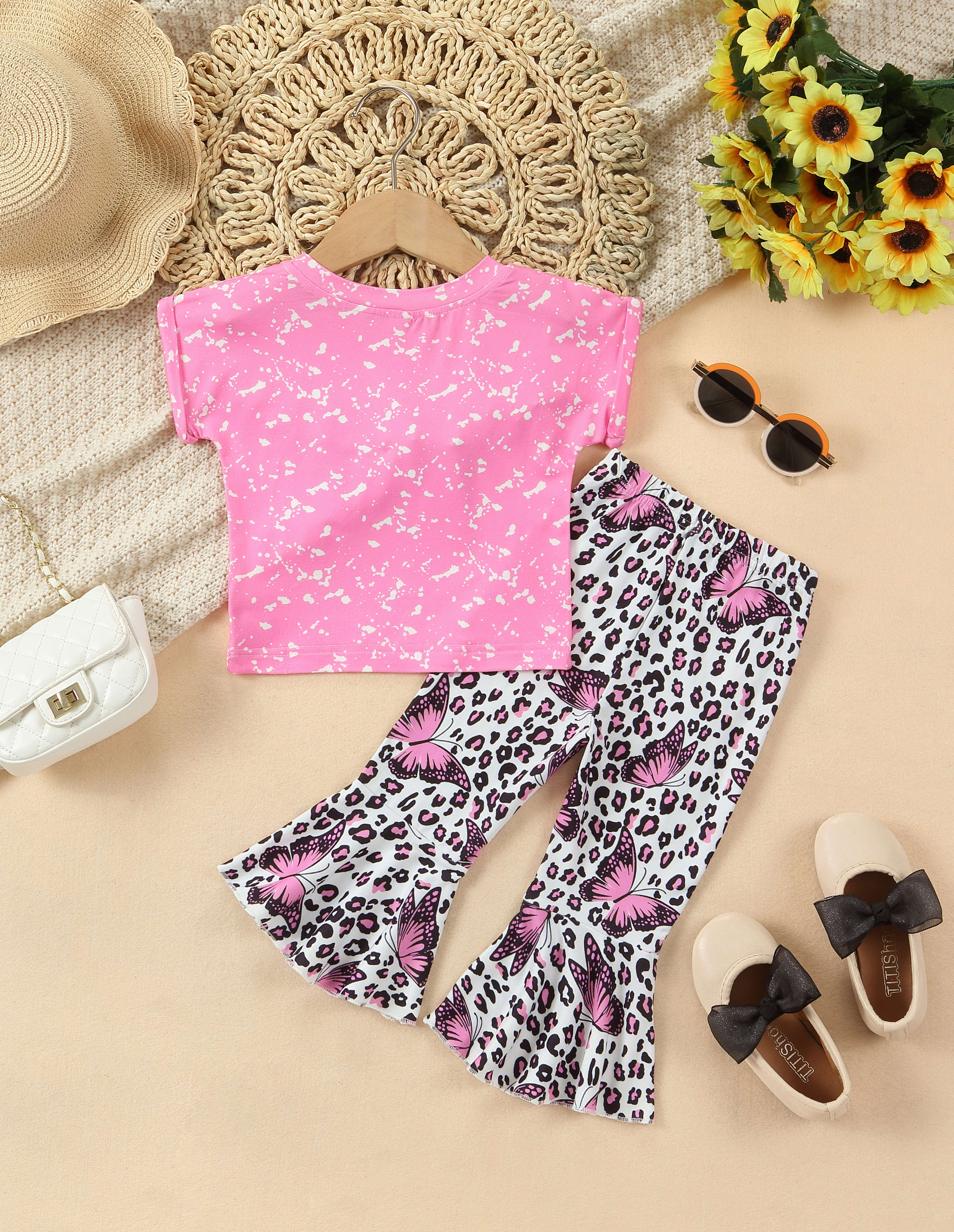 Baby's Butterfly Letter Print 2pcs Casual Outfit, T-shirt & Leopard Pattern Flared Pants Set, Toddler & Infant Girl's Clothes For Daily/Holiday/Party - Fashionpara