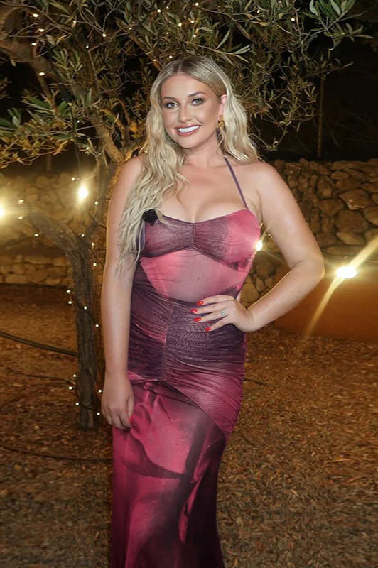 Mesh Floral Ruched Backless Maxi Dress