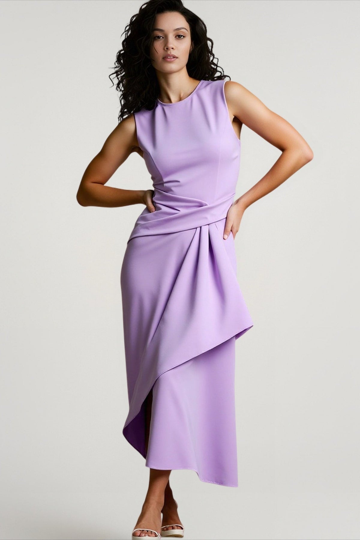 Round Neck Sleeveless Draped Asymmetric Midi Dress