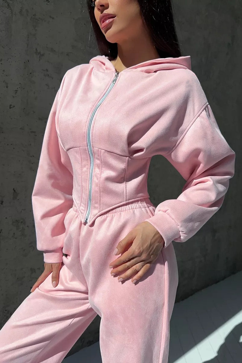 Hooded Drawstring Two Piece Pants Set