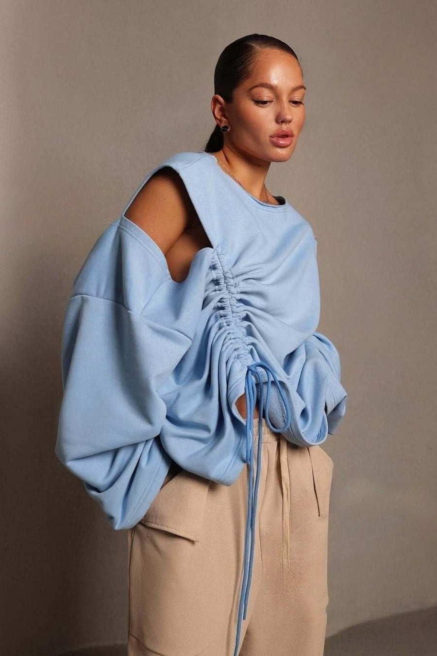 Structured Round Neck Pullover Drawstring Blouse