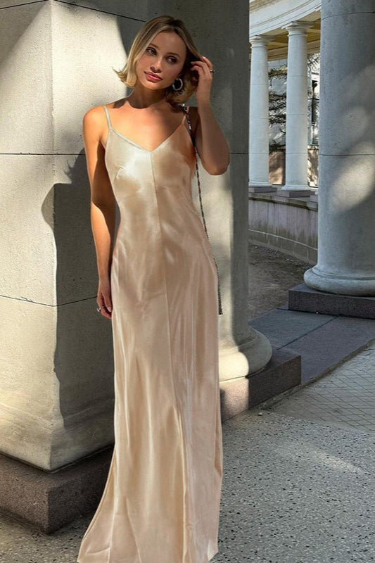 V-Neck Backless Satin Slip Maxi Dress