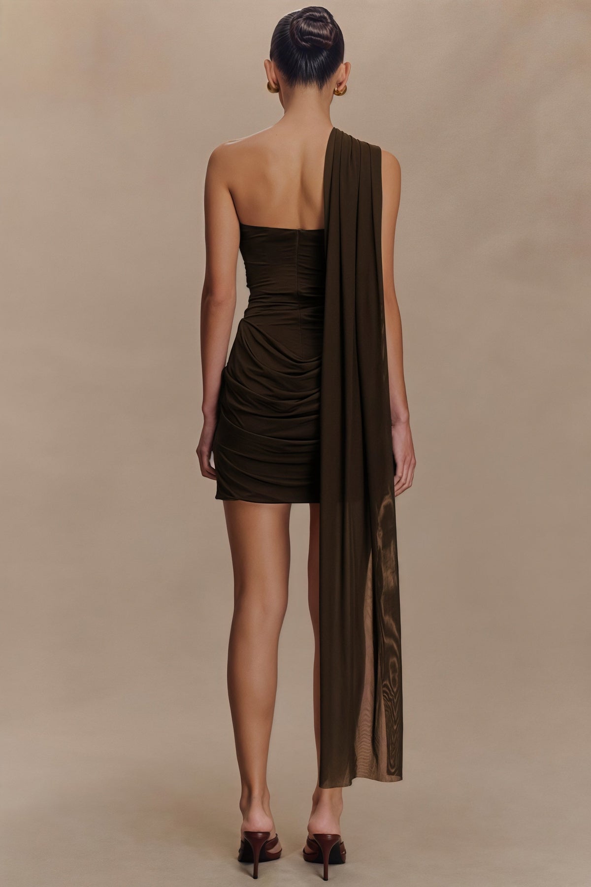 One Shoulder Draped Sash Ruched Bodycon Mini Dress