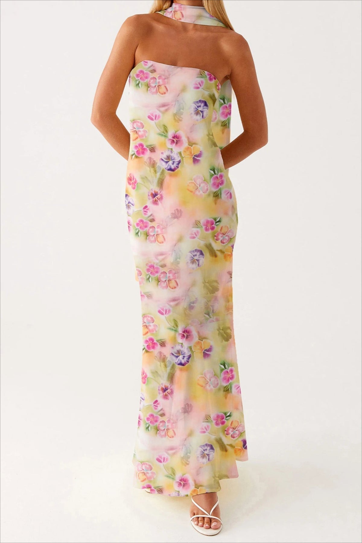 Strapless Ruffle Maxi Floral Dress