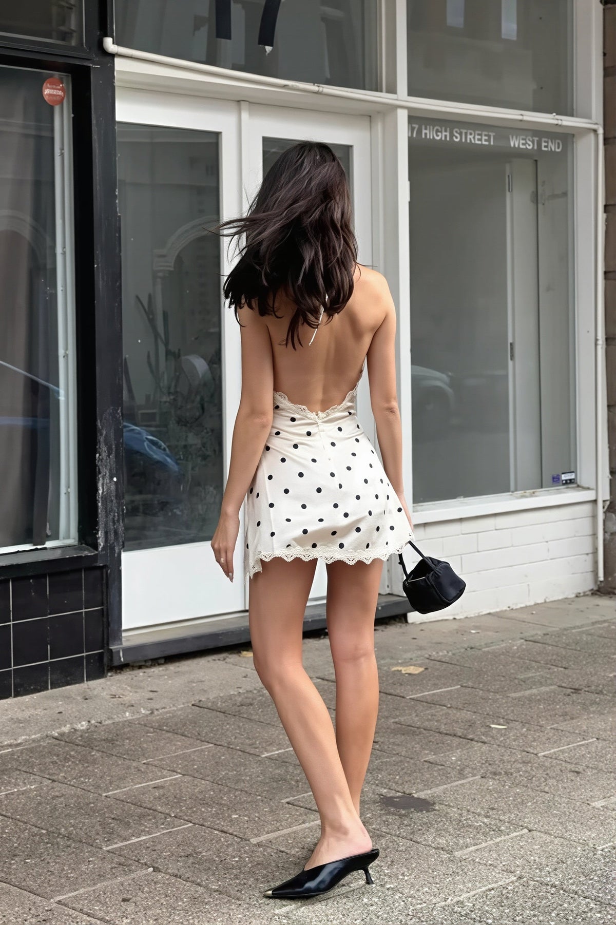 Polka Dot Lace Trim Halter Neck Mini Slip Dress