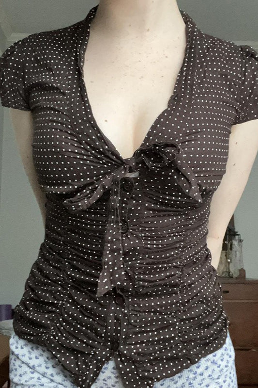 Button Tie Waist Dot Print Blouse - Fashionpara