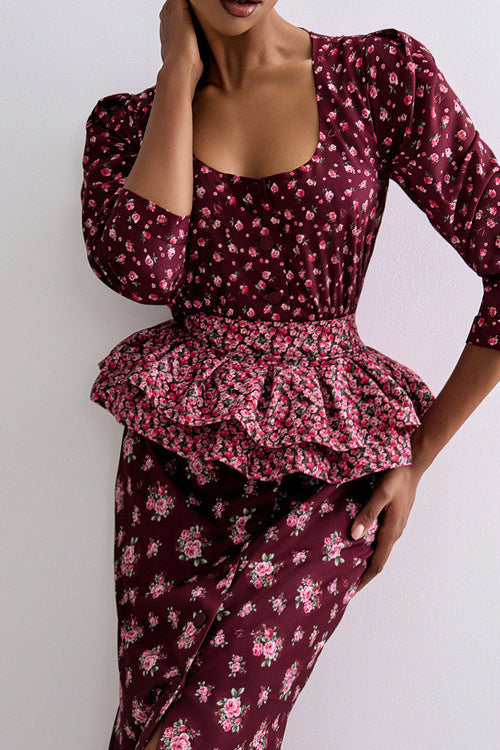 Square Neck Digital Print Ruffled Belt Floral Dress