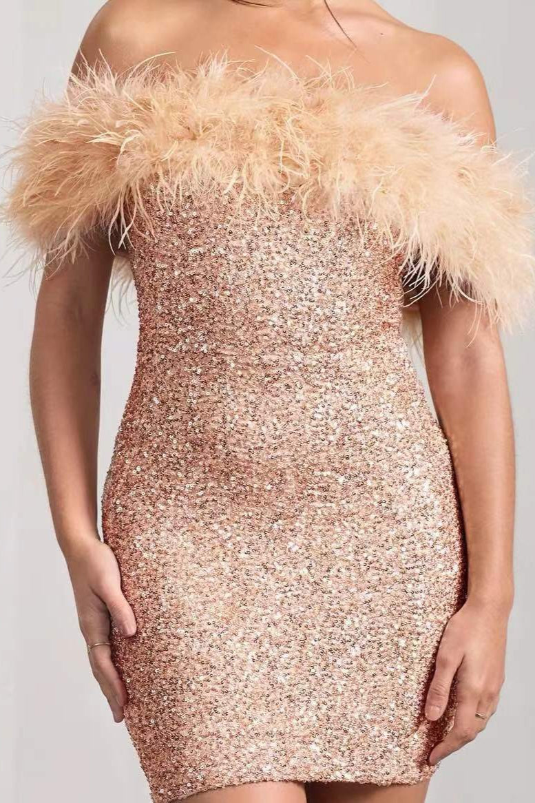 Strapless Feather Sequin Bodycon Chic Cocktail Dress