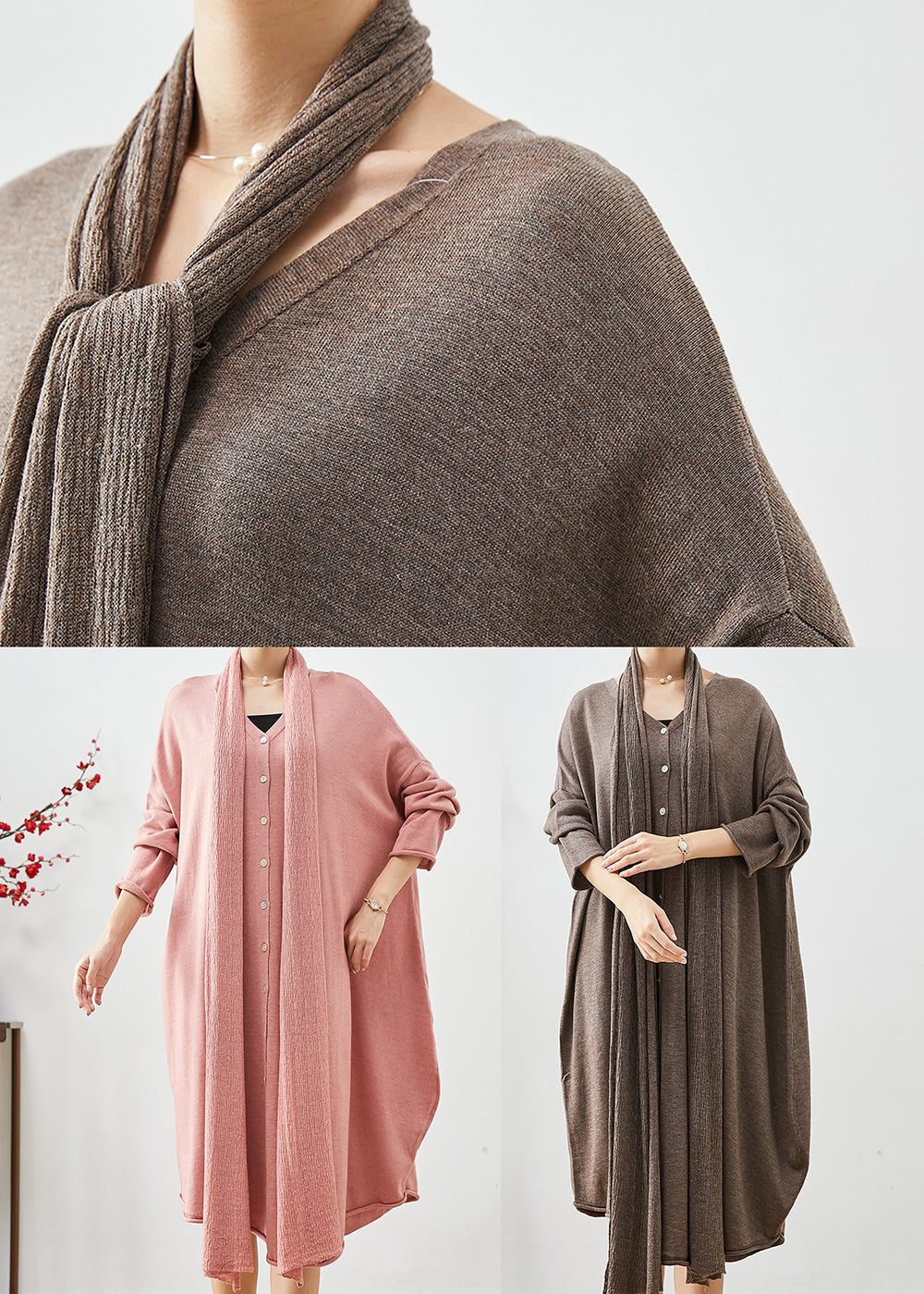 Knit Scarf Neck Long Sleeve Oversized Draped Hem Midi Sweater Dress - View 5
