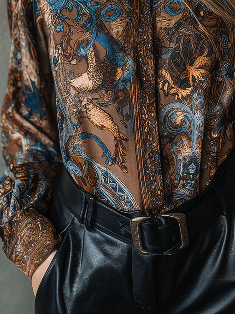 Vintage Baroque Print Brown & Blue Long Sleeve Blouse - Fashionpara