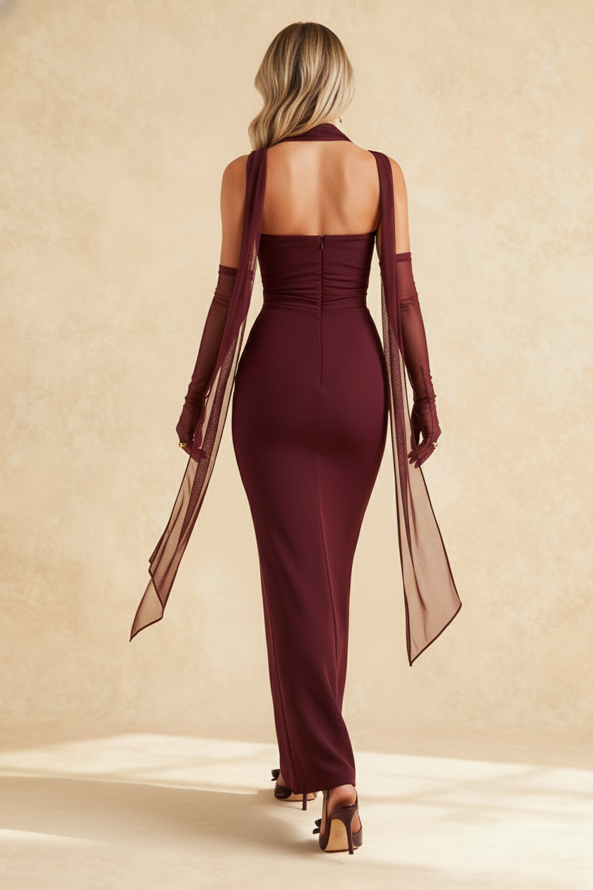 Hudson Maxi Dress With Stole And Gloves - Maroon