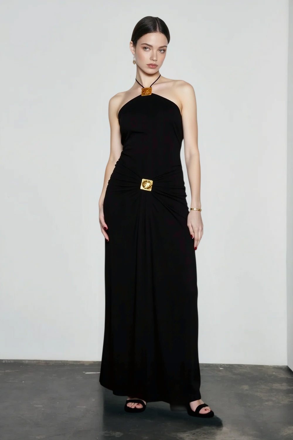 Embellished Halter Neck Ruched Draped Maxi Gown